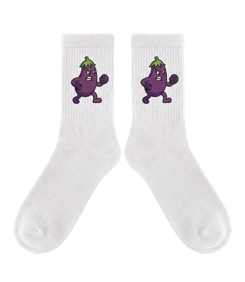 White socks with cartoon eggplant design on a transparent background