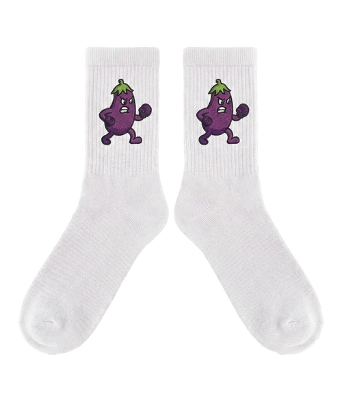 White socks with cartoon eggplant design on a transparent background