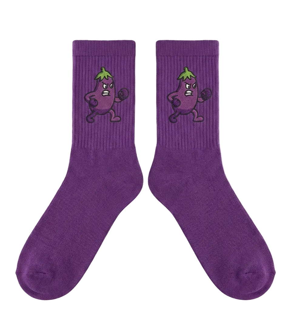 Purple socks with a cartoon character on a transparent background