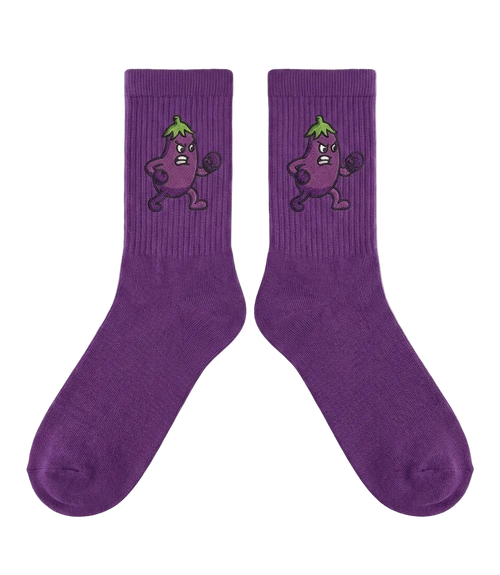 Purple socks with a cartoon character on a transparent background